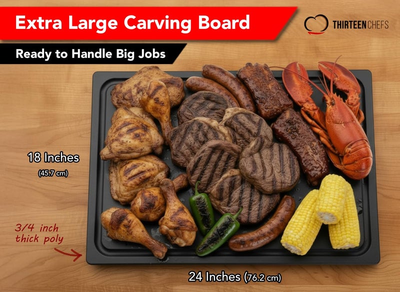 Thirteen Chefs Professional 24 x 18 Grooved Cutting Board for Grilling, BBQ, Carving and Meats - Extra Large, 3/4" Thick Commercial Grade HDPE Plastic, NSF Stamped - Image 2
